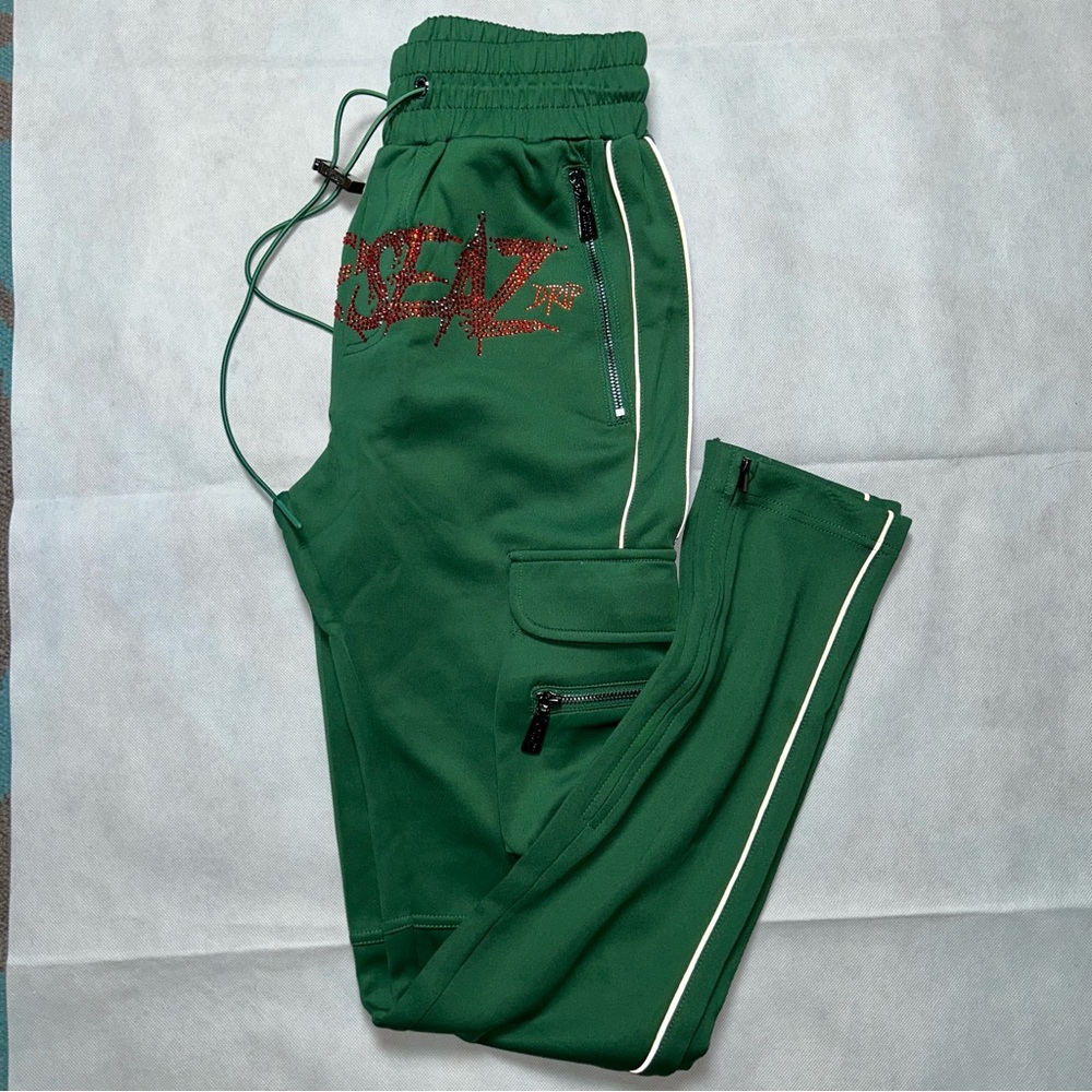 Guapi green with red sequin embellishments jogger style pants NWT size 32